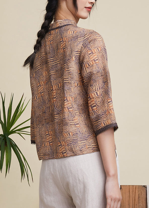 Chinese Style Khaki Stand Collar Print Linen Tops Half Sleeve