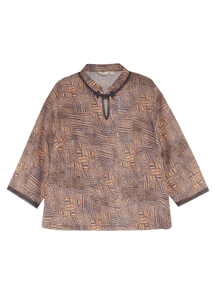 Chinese Style Khaki Stand Collar Print Linen Tops Half Sleeve