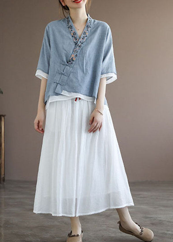 Chinese Style Lake Blue V Neck Double-deck Cotton Top Half Sleeve