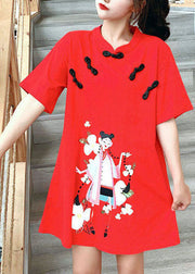 Chinese Style Red Stand Collar Print Vacation Dress Short Sleeve