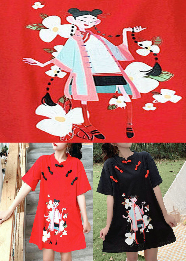 Chinese Style Red Stand Collar Print Vacation Dress Short Sleeve