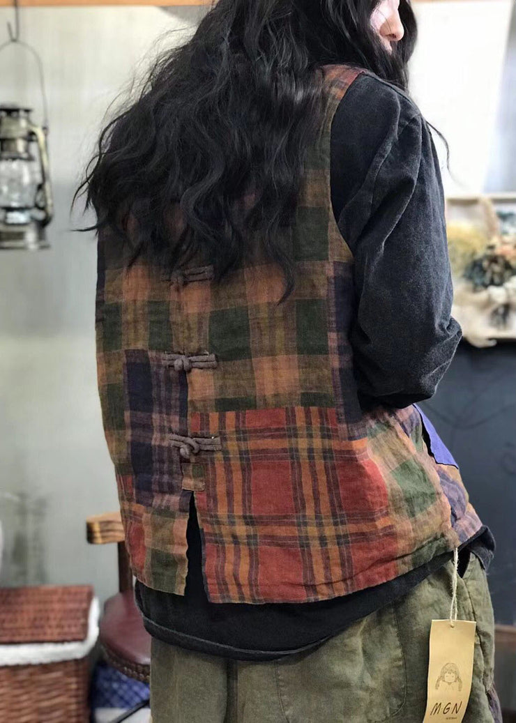 Chinese Style Red pockets side open Patchwork Plaid Linen vest Spring