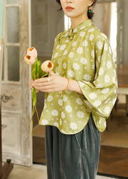 Chinese Style Yellow Green Jacquard Stand Collar Silk Top Three Quarter sleeve