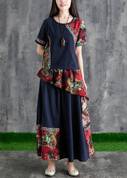 Chinese style summer black print cotton linen stitching small fresh and  temperament summer two-piece - SooLinen