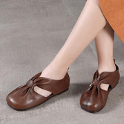 Chocolate Beautiful Hollow Out Flat Feet Shoes Cowhide Leather - SooLinen