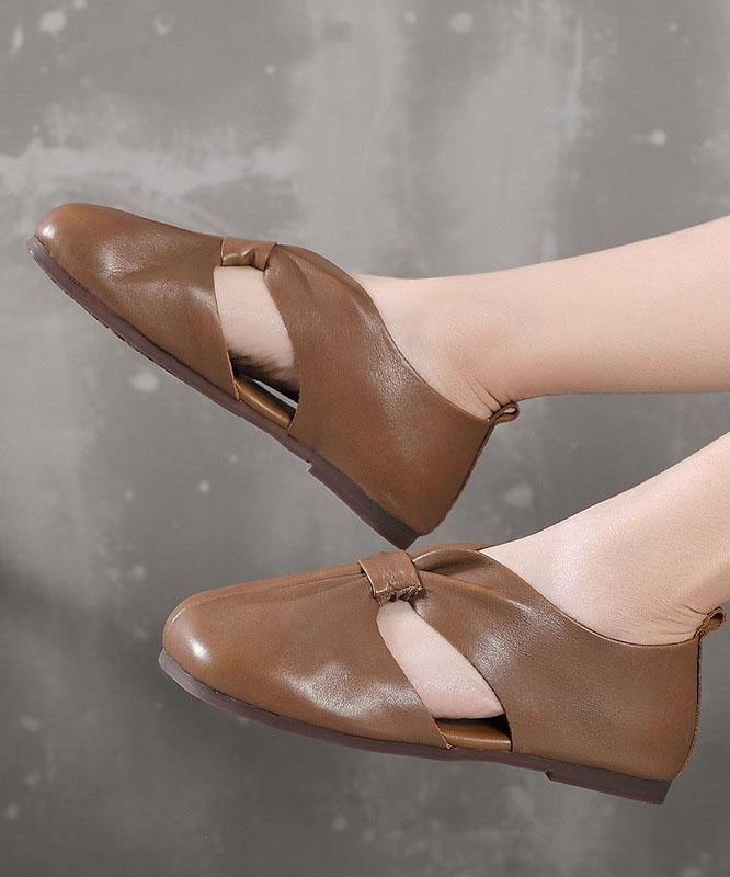 Chocolate Beautiful Hollow Out Flat Feet Shoes Cowhide Leather - SooLinen