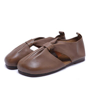 Chocolate Beautiful Hollow Out Flat Feet Shoes Cowhide Leather - SooLinen