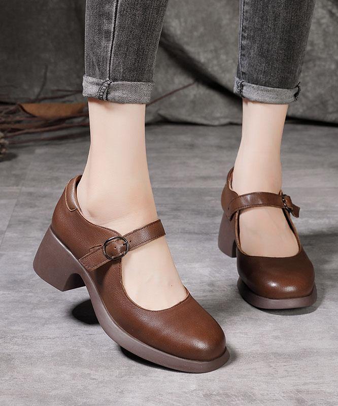 Chocolate High Heels Buckle Strap Chunky High Heels - SooLinen