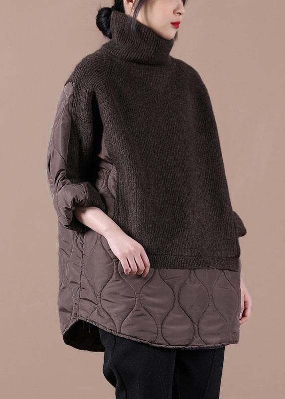 Chocolate Knitted high neck combed rhombic Plaid Cotton Sweater - SooLinen