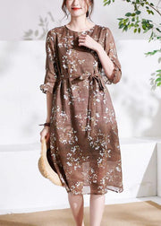 Chocolate Ruffled Patchwork Print Summer Ramie Dress Half Sleeve - SooLinen