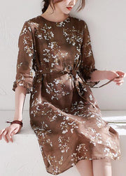 Chocolate Ruffled Patchwork Print Summer Ramie Dress Half Sleeve - SooLinen