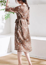 Chocolate Ruffled Patchwork Print Summer Ramie Dress Half Sleeve - SooLinen