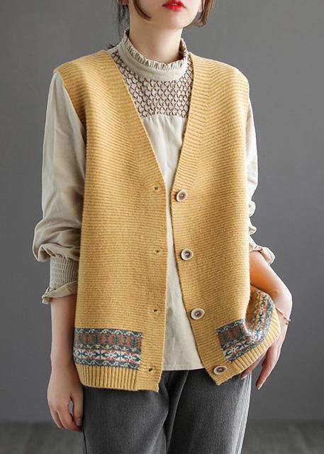 Chunky Khaki Knit Cardigans Fashion Spring V Neck Sleeveless Knitted Coat - SooLinen