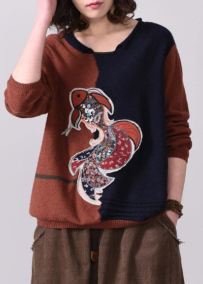 Chunky dark red patchwork navy sweater fall fashion Appliques sweaters o neck - SooLinen