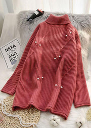 Chunky high neck red sweaters casual Rivet knit top silhouette - SooLinen