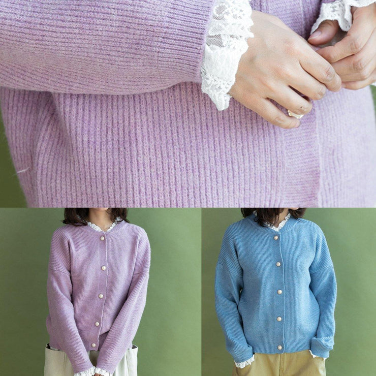 Chunky light blue sweater coat fall fashion ruffles collar sweaters - SooLinen