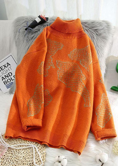 Chunky orange crane tops high neck oversize wild knitwear - SooLinen