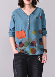 Chunky pockets prints knit t shirt Loose fitting blue v neck sweaters long sleeve - SooLinen