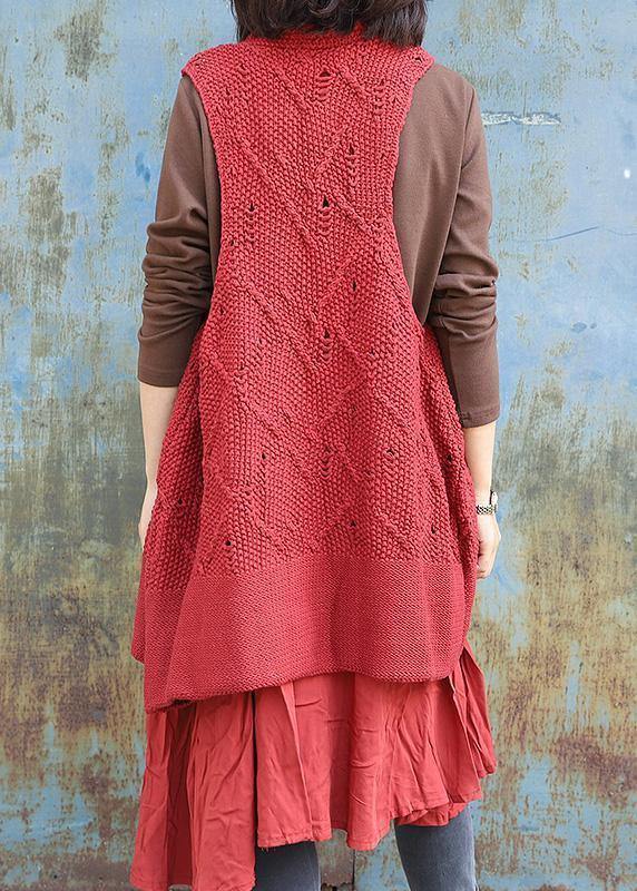 Chunky red knitted cardigans oversized sleeveless hollow out knit outwear - SooLinen