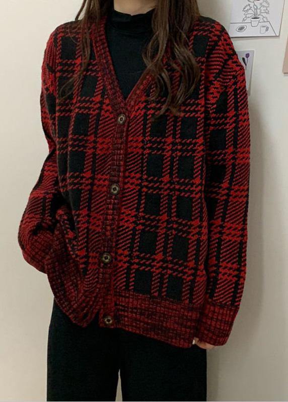 Chunky red plaid knit coats Loose fitting winter knit sweat tops v neck - SooLinen