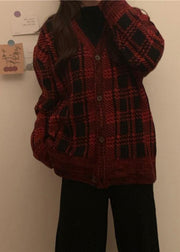 Chunky red plaid knit coats Loose fitting winter knit sweat tops v neck - SooLinen