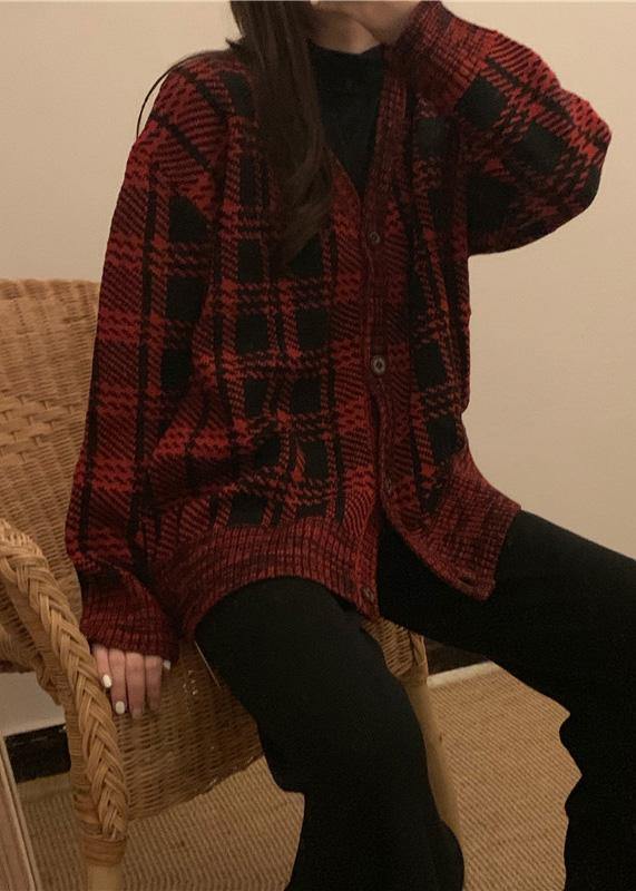 Chunky red plaid knit coats Loose fitting winter knit sweat tops v neck - SooLinen