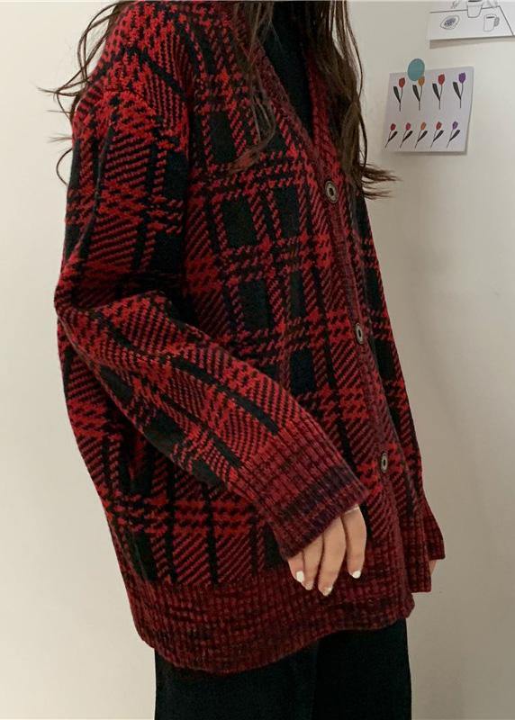 Chunky red plaid knit coats Loose fitting winter knit sweat tops v neck - SooLinen