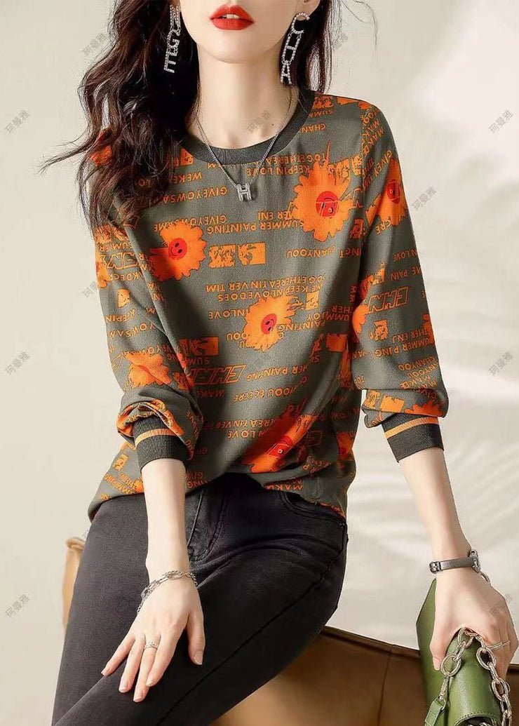 Classy Army Green fashion Print Cotton Tops Spring