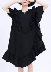 Classy Black Asymmetrical Design Ruffled Patchwork Summer Dress - SooLinen