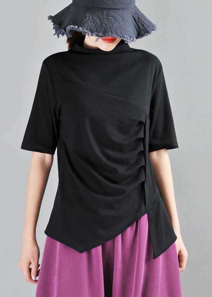 Classy Black High Neck asymmetrical design Cotton Tops Summer - SooLinen