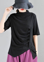 Classy Black High Neck asymmetrical design Cotton Tops Summer - SooLinen