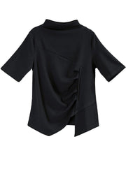 Classy Black High Neck asymmetrical design Cotton Tops Summer - SooLinen