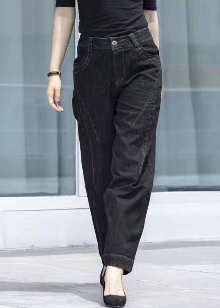 Classy Black High Waist Pockets Patchwork Cotton Denim Pants Summer