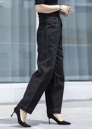 Classy Black High Waist Pockets Patchwork Cotton Denim Pants Summer