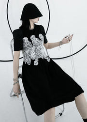 Classy Black O Neck Embroidery Patchwork Cotton Long Dress Short Sleeve