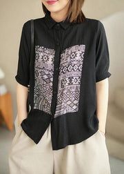 Classy Black PeterPan Collar Button Patchwork Fall Half Sleeve Shirt Top - SooLinen