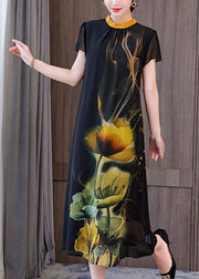 Classy Black Stand Collar Floral Print Chiffon Holiday Dresses Short Sleeve