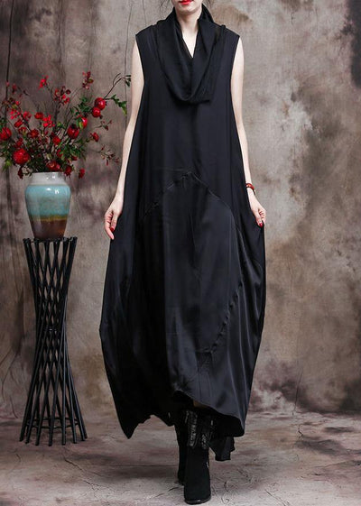 Classy Black Silk Dress Tunics Patchwork Vestidos De Lino Dress - SooLinen