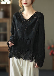 Classy Black fashion V Neck Nail bead Fall Tops Long sleeve