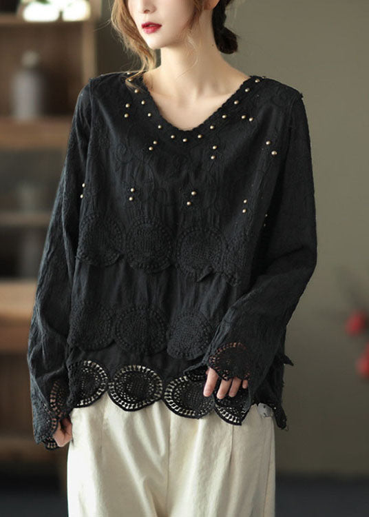 Classy Black fashion V Neck Nail bead Fall Tops Long sleeve