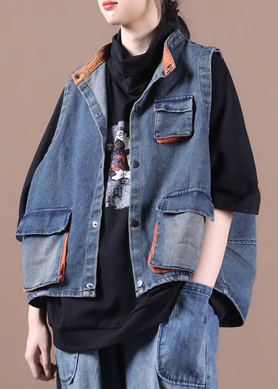 Classy Blue Button Pockets Patchwork Fall Denim Waistcoat