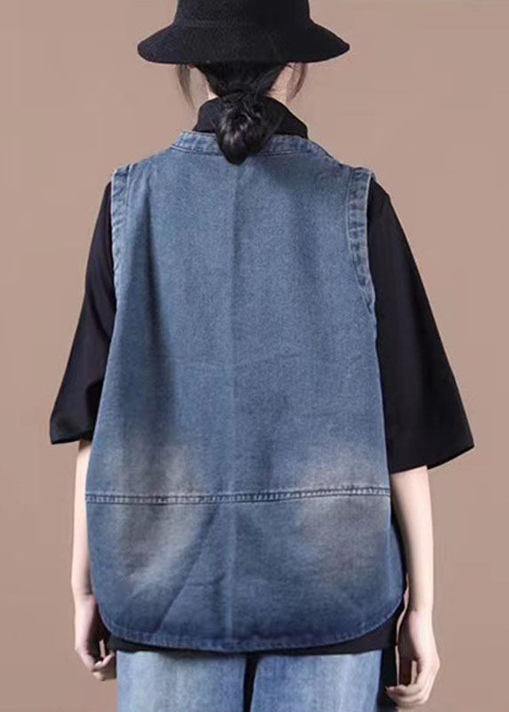 Classy Blue Button Pockets Patchwork Fall Denim Waistcoat