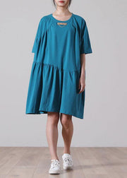 Classy Blue Cinched  Long Summer Cotton Dress - SooLinen