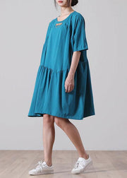 Classy Blue Cinched  Long Summer Cotton Dress - SooLinen