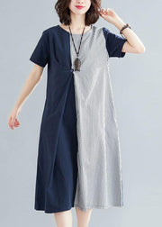 Classy Blue Cotton Patchwork Summer Dress - SooLinen