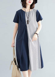 Classy Blue Cotton Patchwork Summer Dress - SooLinen