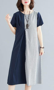 Classy Blue Cotton Patchwork Summer Dress - SooLinen