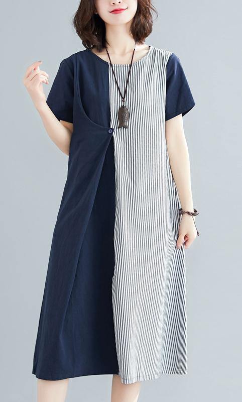 Classy Blue Cotton Patchwork Summer Dress - SooLinen