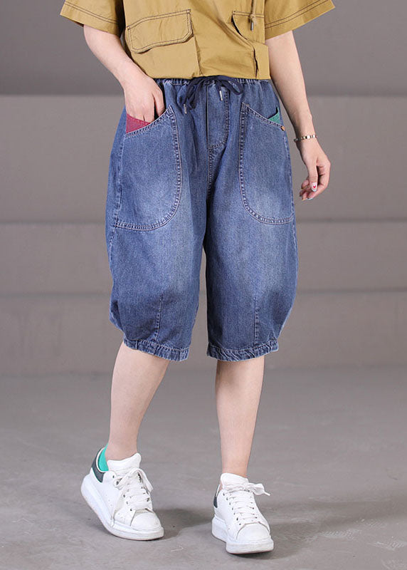 Classy Blue Elastic Waist Tie Waist Pockets Patchwork Cotton Denim Shorts Summer