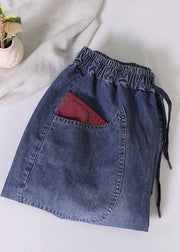 Elegante blaue elastische Taillenbindung Taillentaschen Patchwork-Baumwoll-Denim-Shorts Sommer